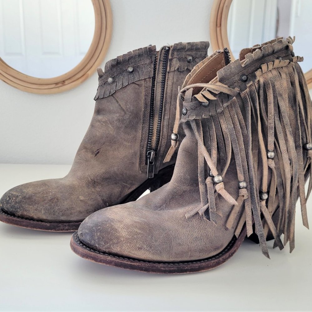 LUCCHESE - Farrah Handmade Leather Beaded Fringe Ankle Booties - Size 8 - Tan